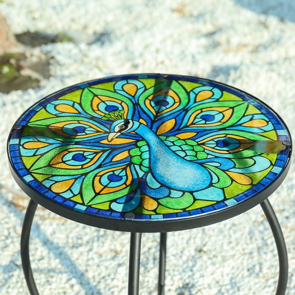 Peacock Mosaic Glass Side Table – Glass Accent Table with Black Metal Frame, Indoor/Outdoor Weather-Resistant End Table, for Patio, Living Room & Bedroom