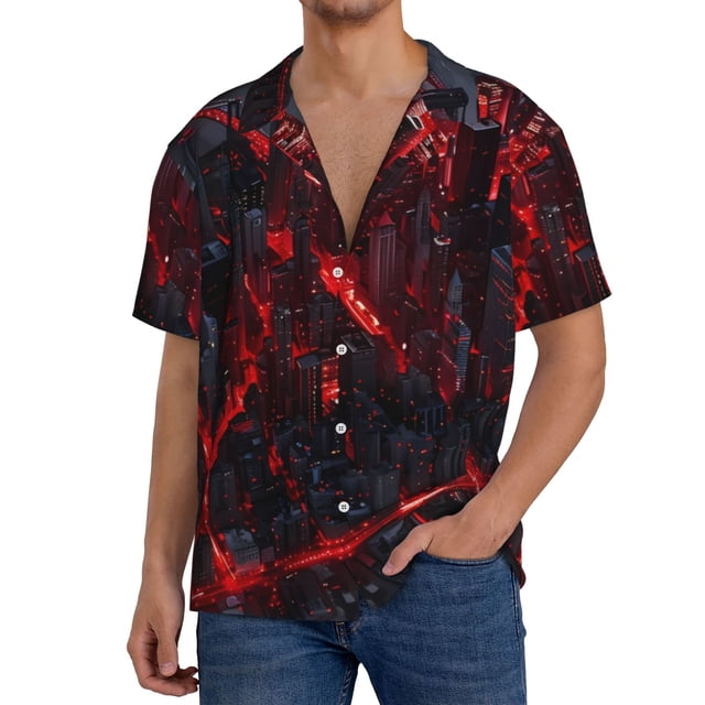 Balery Cyberpunk Cityscape Lights Camisa Casual de Manga Corta con Botones para Hombre, Texturizada, Estilo Cubano, para Playa, Verano-4X-Large