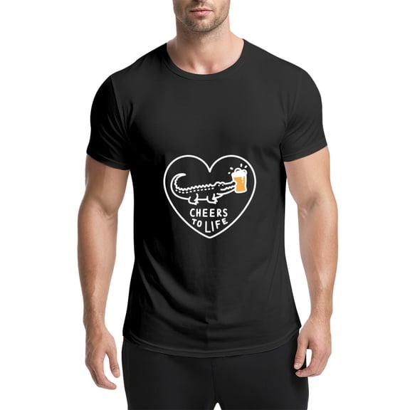 Black T Shirts for Men, Alligator,Beer Mug,Cheers To Life Graphic Mens Graphic Tees, 25060602,S