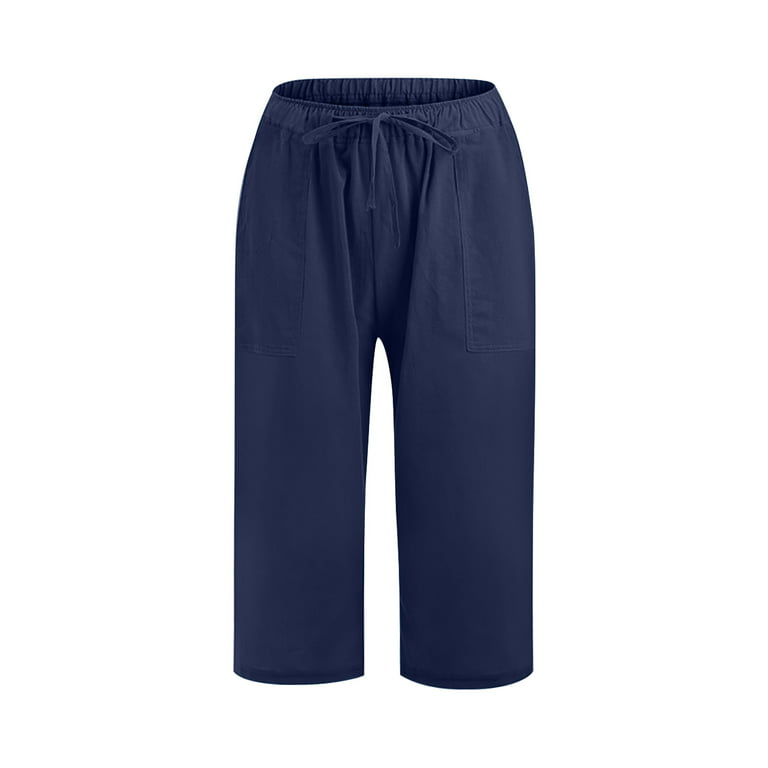 Plus Size Capris for Women Cotton Linen Lightweight High Waisted Capri  Pants Wide Leg Casual Loose Fitting 3/4 Slacks (3X-Large, Navy) 