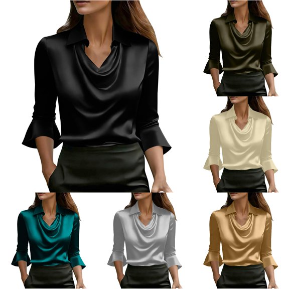 Tanghaowl Womens T Shirts, Fashion Satin Blouse with Asymmetrical Notched Lapel and Flared Sleeves for Everyday Casual Elegant Tunic Top Black XXL