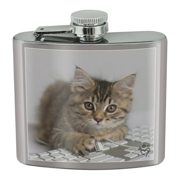 Shorthair Tabby Kitten Cat Computer Mouse Keyboard Stainless Steel 5oz Hip Drink Kidney Flask