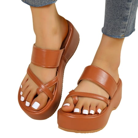 

ZIZOCWA Solid Color Women Roman Sandals Summer Fashion Simple Clip Toe Slippers Thick Bottom Wedge Sandals Platform Flip Flops Shoes Brown Size8