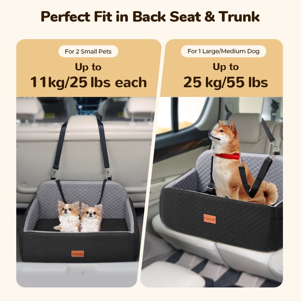 Large Dog Car Seat, DOMIPET Elevated Pet Car Seat for Dogs up to 55kg, Detachable & Washable Car Dog Bed with Storage Pockets