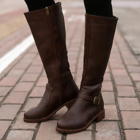 Cathalem Wide Calf High Boots for Women Zipper Warm Vintage Leather Women Keep Toe Boots Boots Thigh High Boots for Women Size 11 Brown 9.5