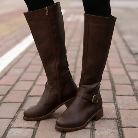 

Cathalem Boots for Women Knee High Heels Boots Zipper Women Round Leather Heel Vintage Boots Keep Toe Warm Shoes women s boots Shoes Brown 8.5