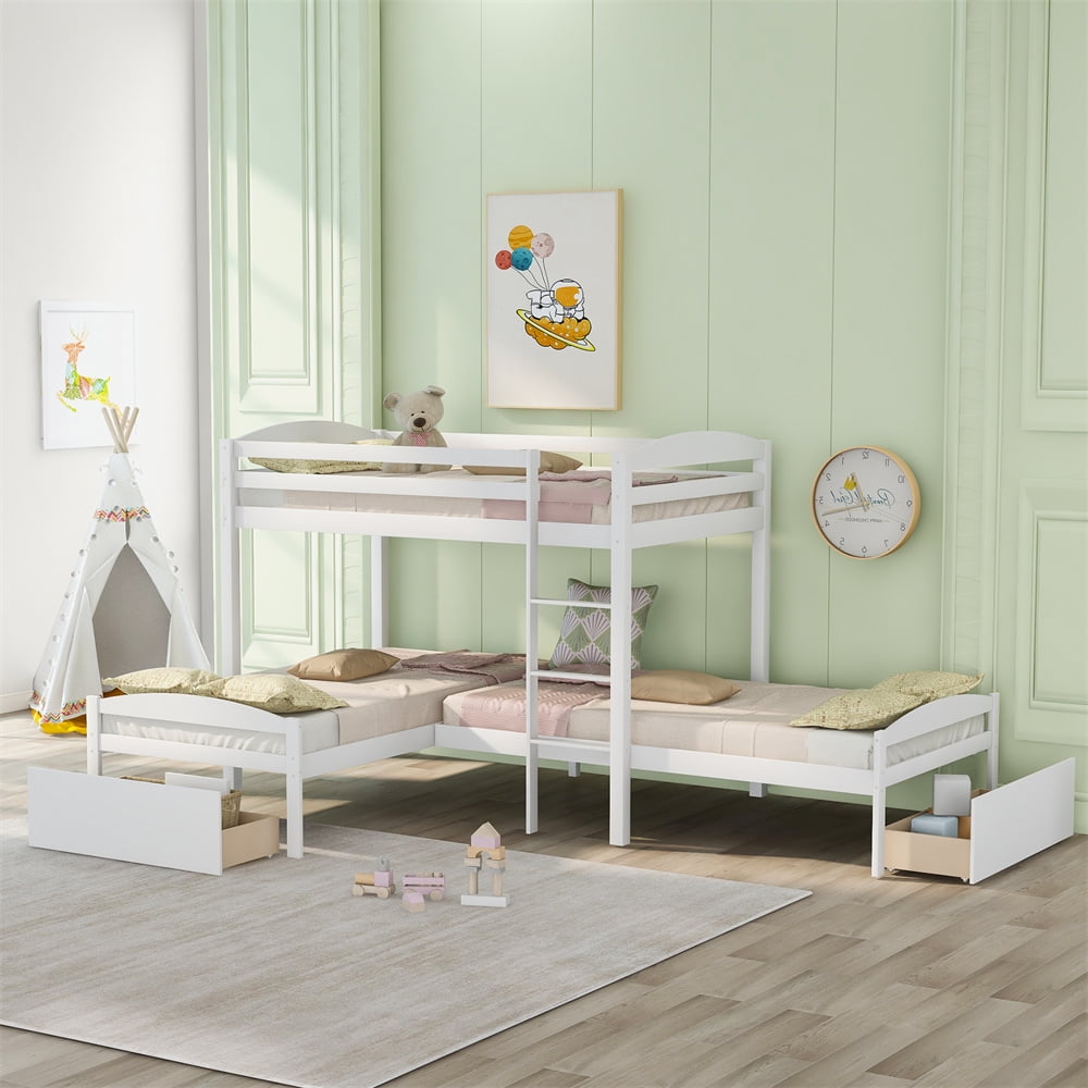 Bunk Beds for 3, Twin over Twin LShaped Triple Bunk Bed with Two