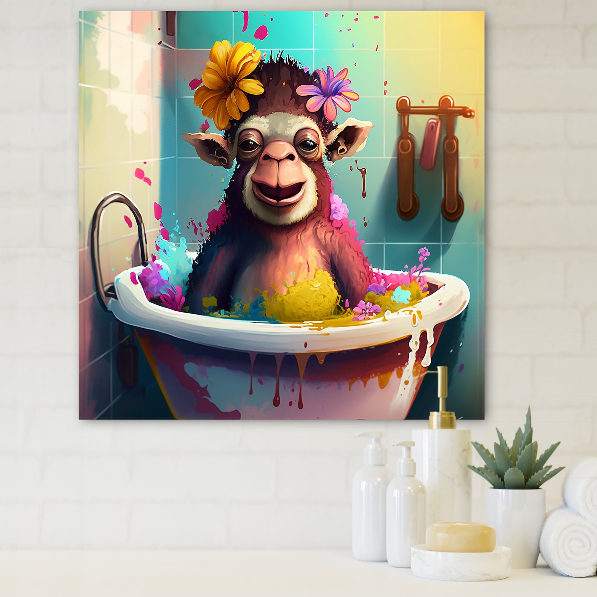 Designart Cute Monkey Taking A Bath Canvas Wall Art