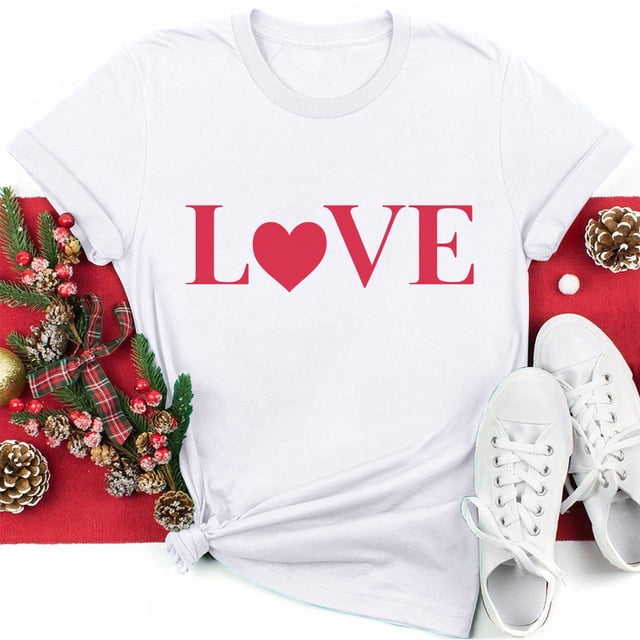 Meichang T-Shirts pour Femmes Hauts de la Saint-Valentin Imprimé Cœur Mignon T-Shirts Manches Courtes Col Rond Blouses de Vacances en Liquidation
