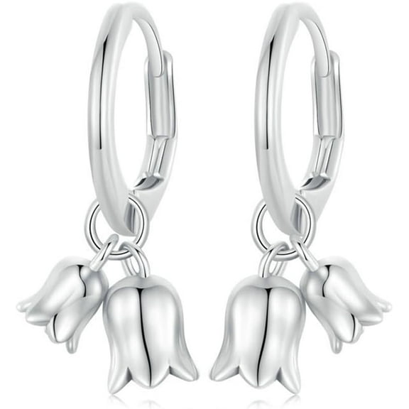 Bell Orchid Flower Dangle Drop Hoop S925 Sterling Silver Earrings for Women Charm Small Tiny Huggie Dangling Wedding Earring Studs Hoops Mother’s Day Christmas Jewelry Cute Gifts