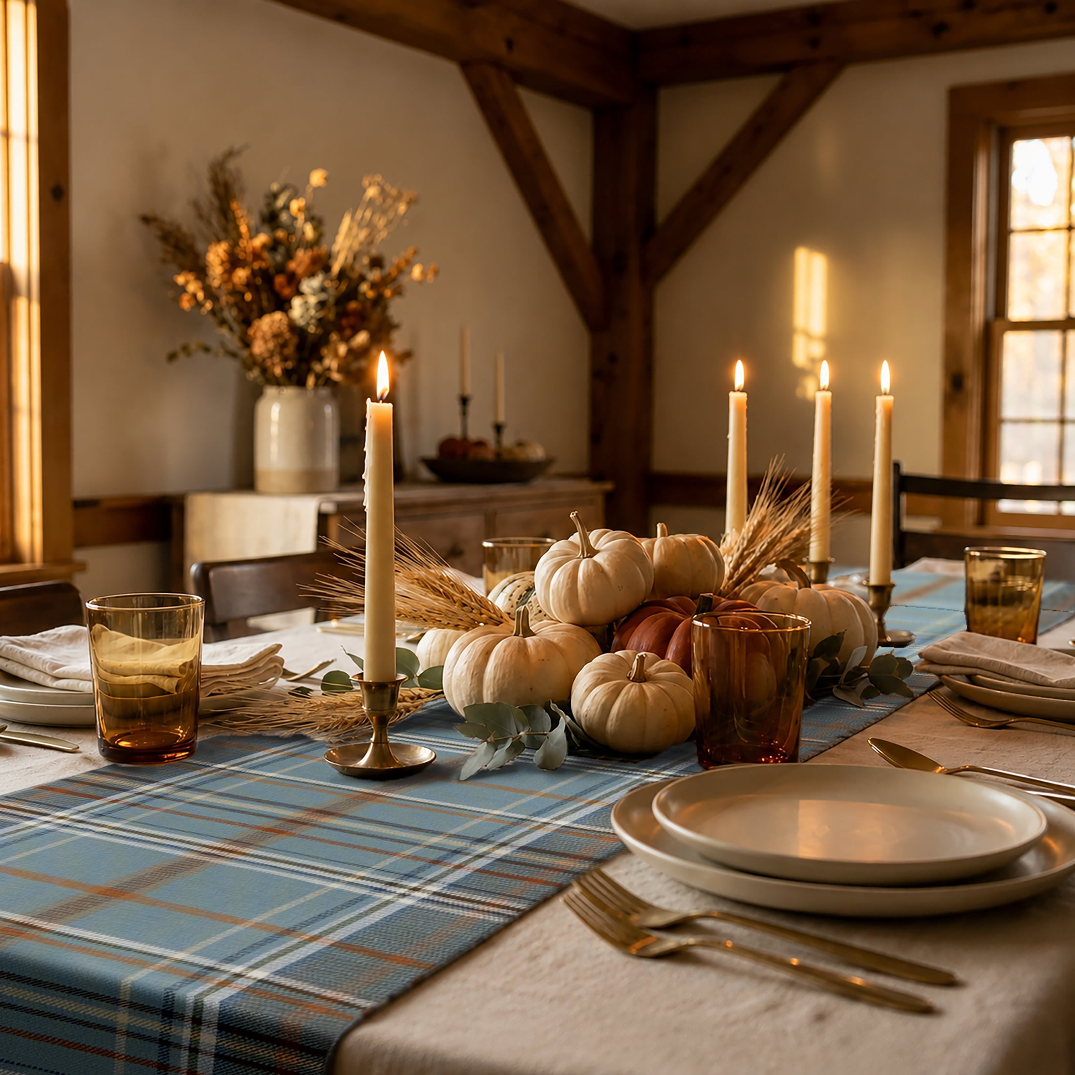 Harvest Plaid 13" x 72" Table Runner - 100% Cotton, Blue