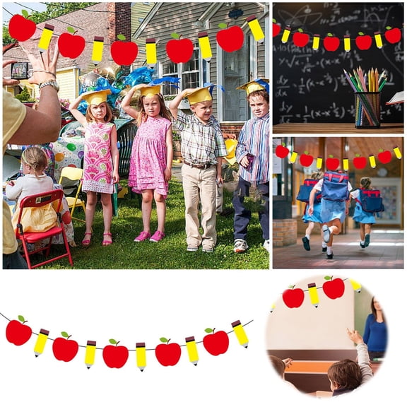 DGMIOCS Pre-Strung Pencil Apple Banner, Classroom Decor | Back to School Banner for Back to School Decorations, First Day of School Decorations