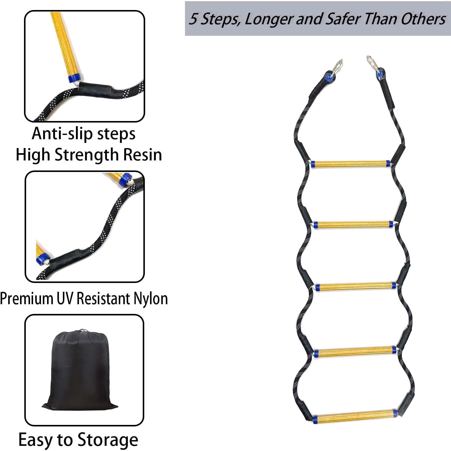Boat Rope Ladder, 5 Step Heavy Duty 400Lbs Strength Rope Ladder for Inflatable Boat, Fishing Boat, Kayak, Motorboat, Canoeing,