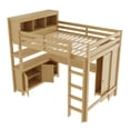thumbnail image 2 of [Luckynote]Wood Loft Bed with Cabinet and Bookshelf, Queen Size Loft with Wardrobe and Desk ,Natural, 2 of 12