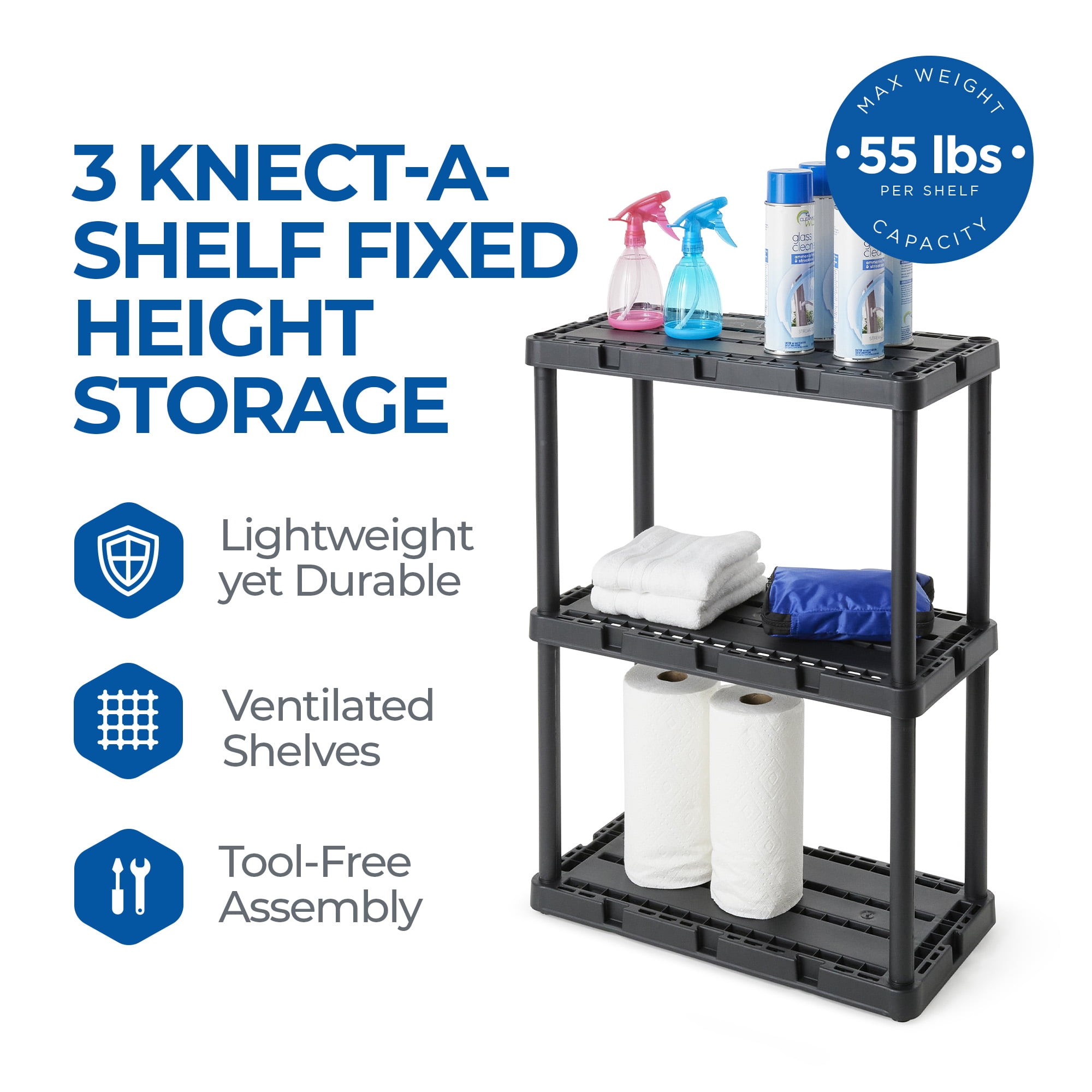 Gracious Living 3 Shelf Knect-A-Shelf Solid Light Duty Storage Unit 24 x 12 x 33", Black (3 Pack)