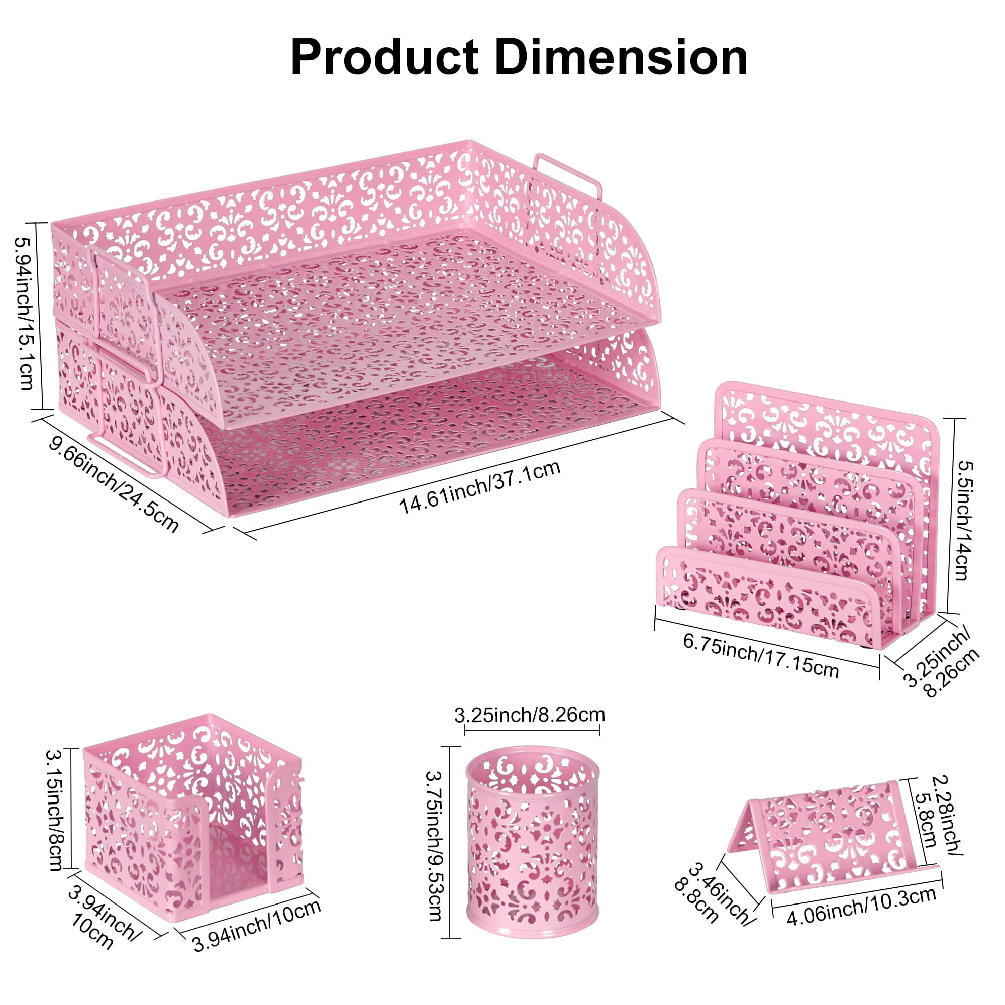 Desk Organizers And Accessories 5 Pieces Office Supplies Set - 2 Tier Paper Tray  Pencil Organizer For Mail Sorter Countertop Business Card Holder Sticky Note Pink