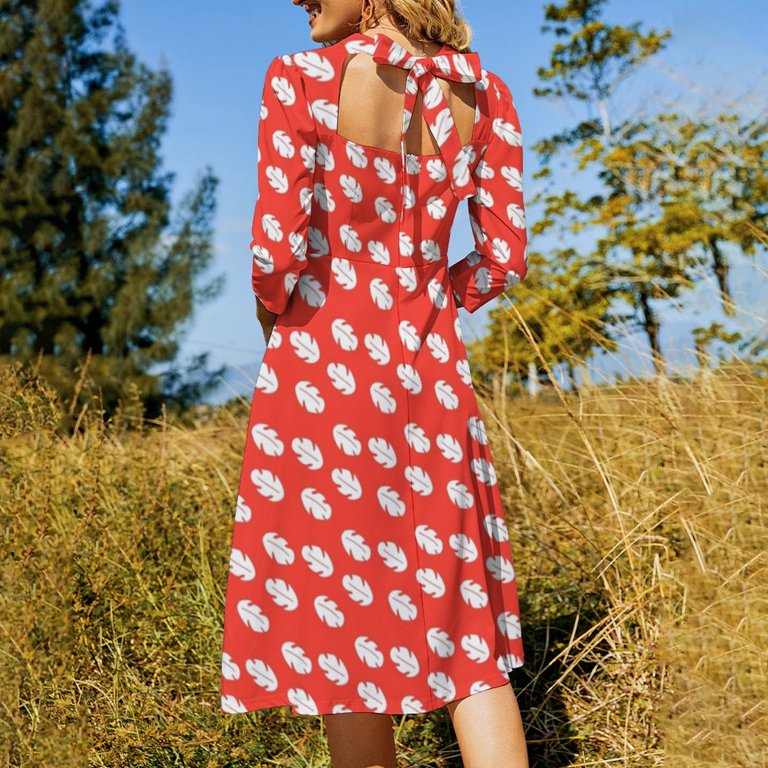 red dress with white leaves SHEIN VCAY Plus Size Red And White Leaves Silhouette Print Wrap Tie Strap Short Dress,Boho Summer Vacation Holiday Beach Outfits For Women,Valentine