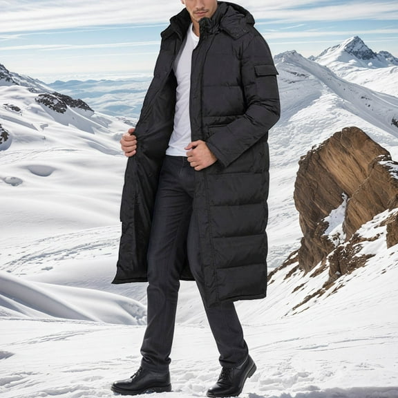 TIANZEN Winter Long Hooded Coat Thick Warm Casual Loose Outerwear For Cold Weather down Jacket in A Bag Men Men Thin Jacket