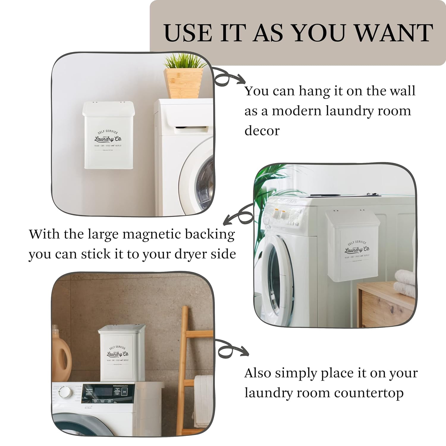 Magnetic Lint Bin for Laundry Room, Metal Trash Can with Lid Dryer, Farmhouse Holder, Co Sign, Room Storage Decor Dryer Brush(White)