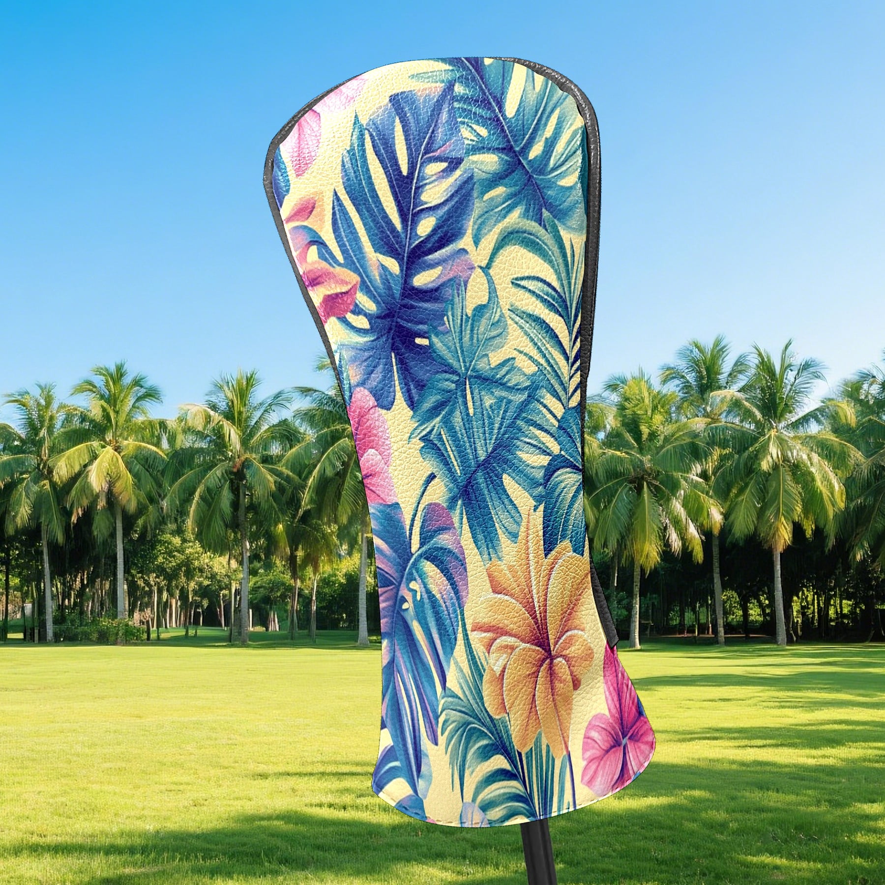 Golf Club Covers PU Leather Waterproof Head Covers for Fairway Woods Hybrids Tropical Leaves