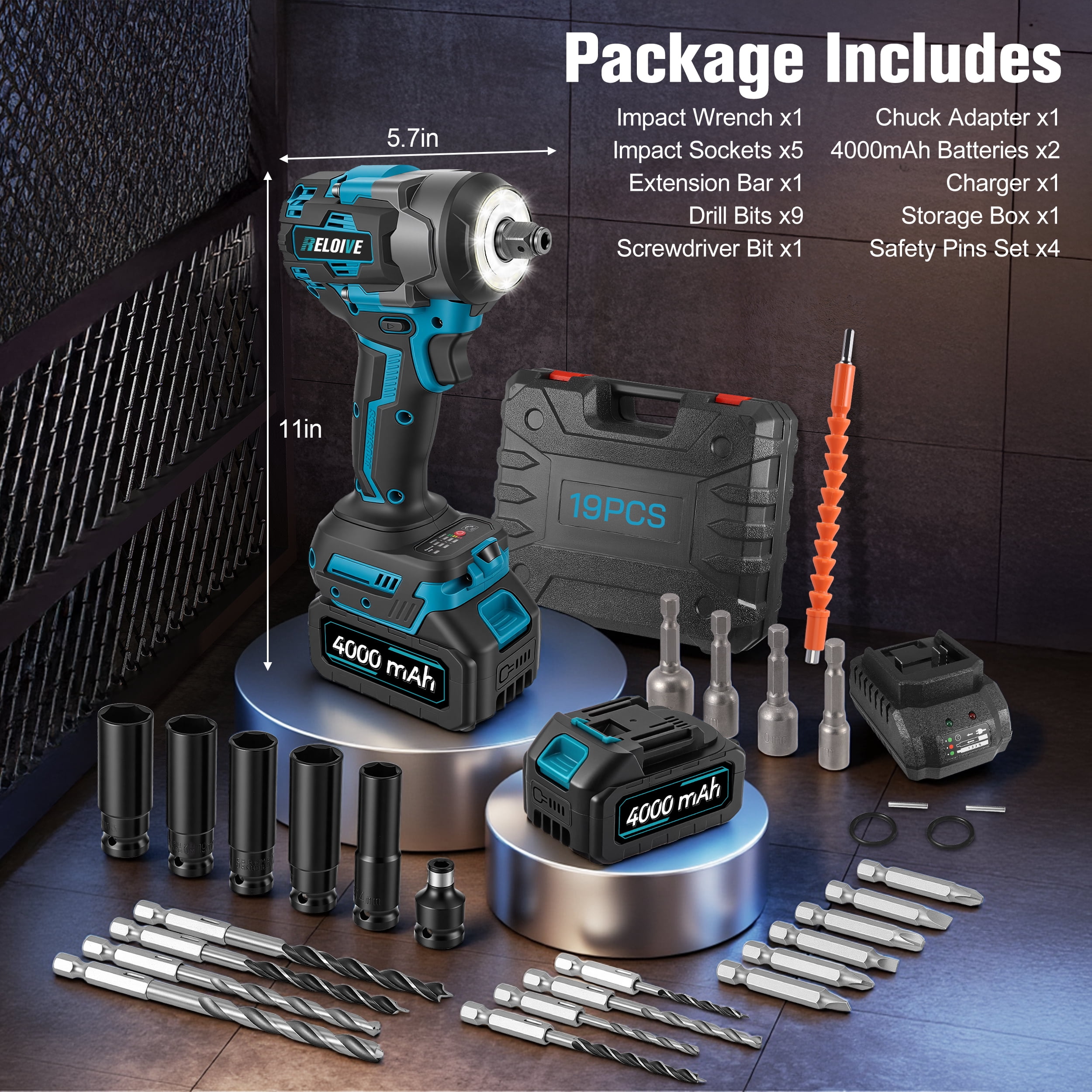 RELOIVE Cordless Impact Wrench Kit,663.8 FT-lbs(900N.m) Max Torque,1/2" Heavy-Duty Brushless Motor,4-IN-1 Electric Impact Driver,2 x 4.0Ah Batteries for Car Home Repair