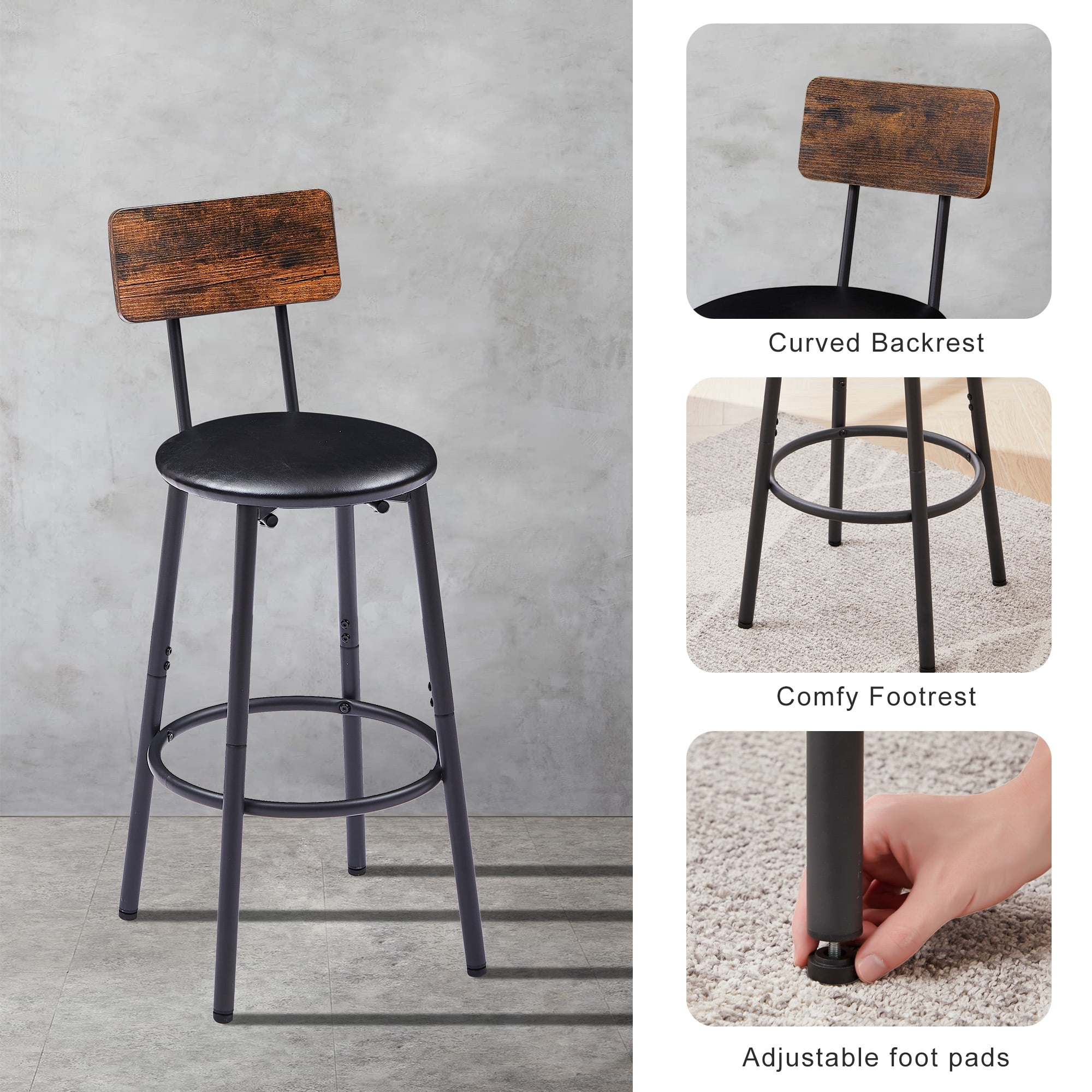 PAPROOS Round Bar Table Set for 2, 3 Pcs Pub Bistro Table and PU Upholstered Stools with Backrest, Industrial Counter Height Dining Table and Chairs for Kitchen Breakfast Nook Balcony, Brown