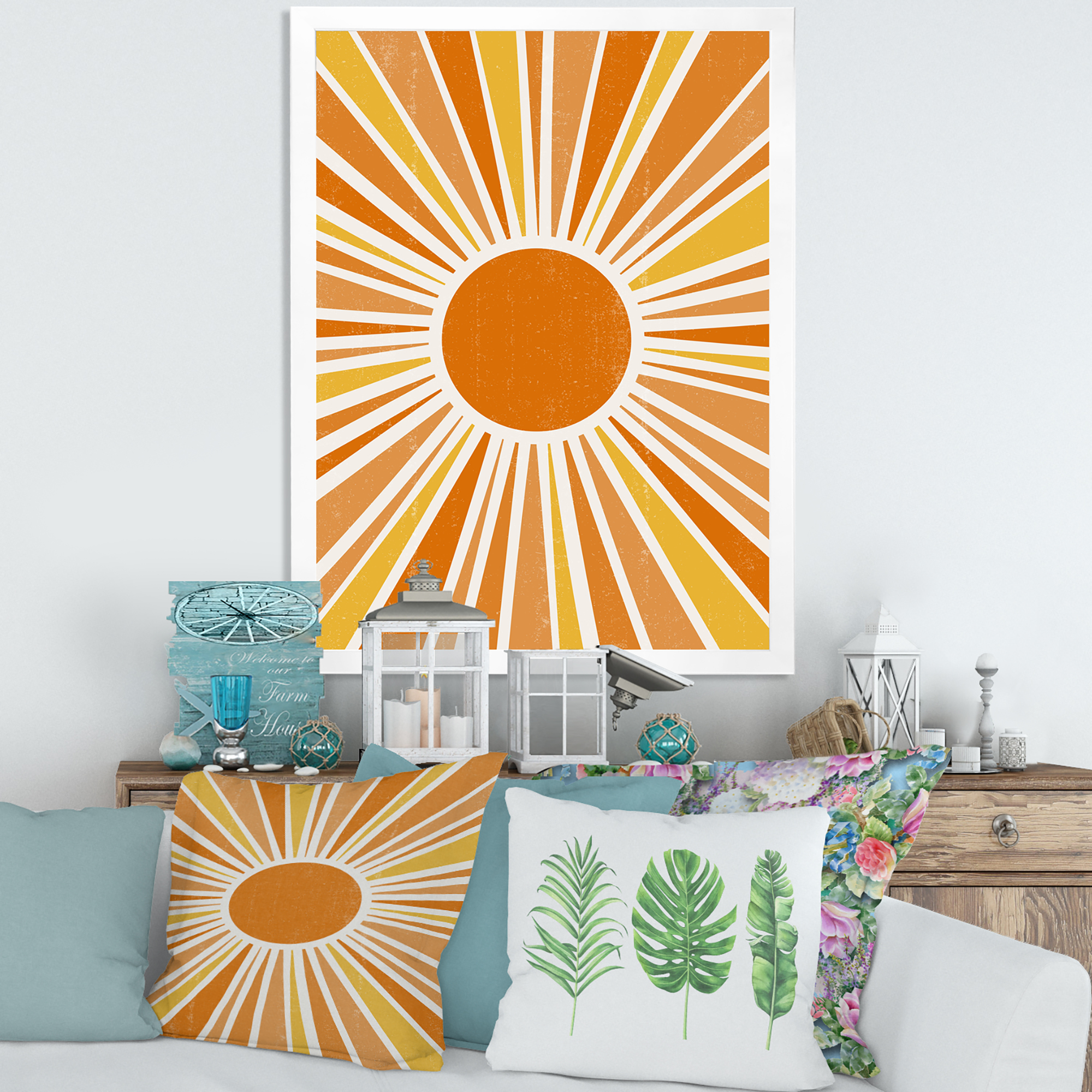 Designart 'Minimal Bright Shining Orange Sun Rays I' Modern Framed Art Print