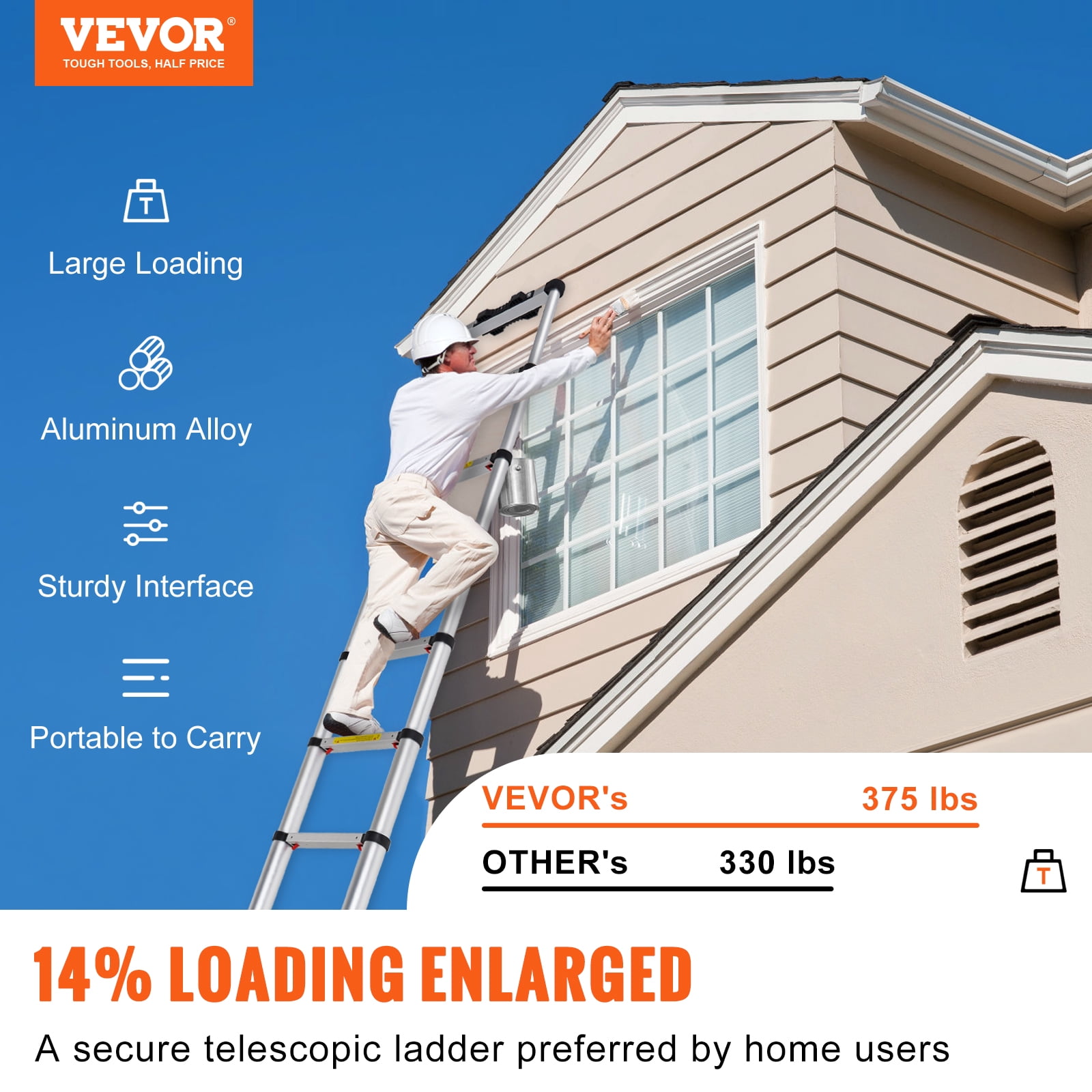 VEVOR Telescoping Ladder, 10.5 FT Aluminum One-button Retraction Collapsible Extension Ladder, 375 LBS Capacity with Non-slip Feet, Portable Multi-purpose Compact Ladder for Home, RV, Loft, ANSI