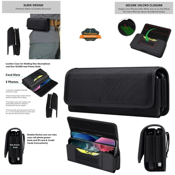 For AT&T Calypso 4 Universal Dual Horizontal Nylon Case For Two Phone Carrying Pouch Large Cover with Card Storage Pocket & Belt Clip Loop Holster - Black