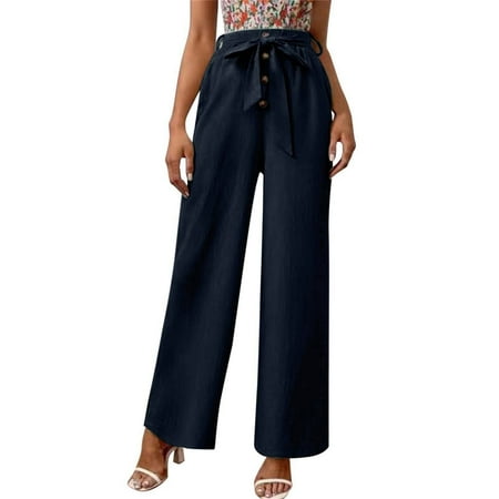 

Women Plaid Pants Casual Womens Cotton Linen Fashion Long Pant Button High Waist Casual Trousers With Belt Thick Pajama Pants Women