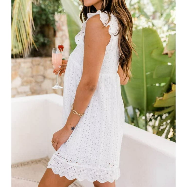 Dress Cotton Polyester Eyelet Hem V Neck Dress Lace Design For Daily Wear White M