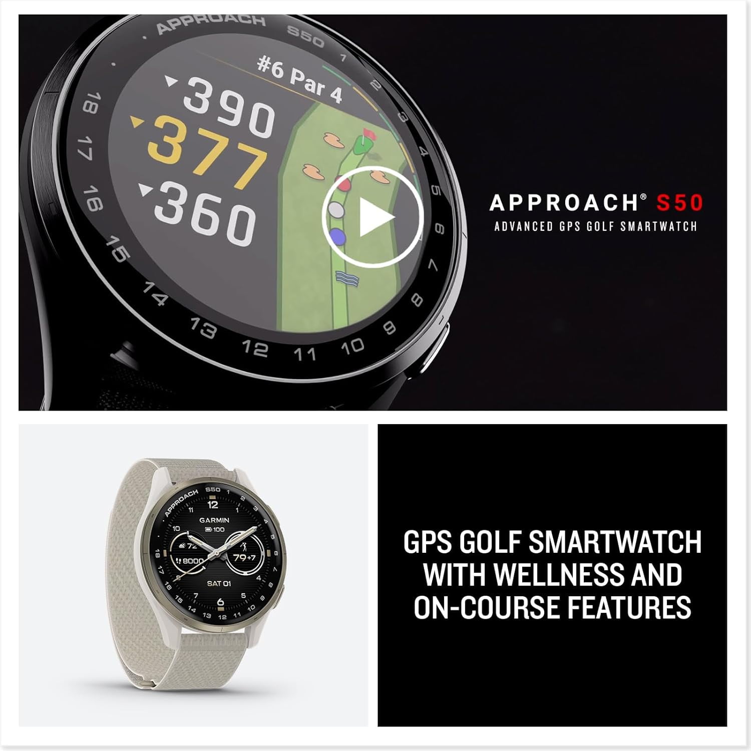 Garmin Approach S50 Advanced Golf Watch with GPS, AMOLED Display, On-Course Features, Sports and Fitness Smartwatch, Slate Aluminum Bezel with Black Comfort Fit Nylon Band Bundle
