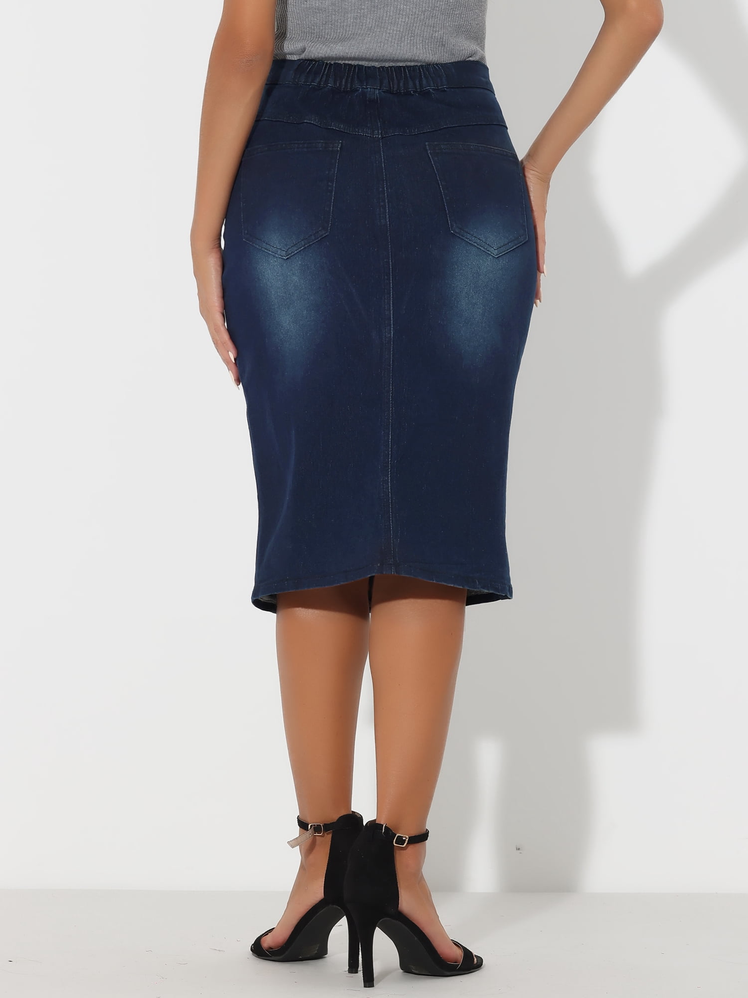 DARING DIVA Women's Split Front Denim Bodycon Midi Skirt M Black Blue