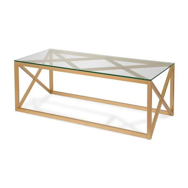 Henn&Hart 17" Art Deco Metal Brass Finish Coffee Table with Glass Top