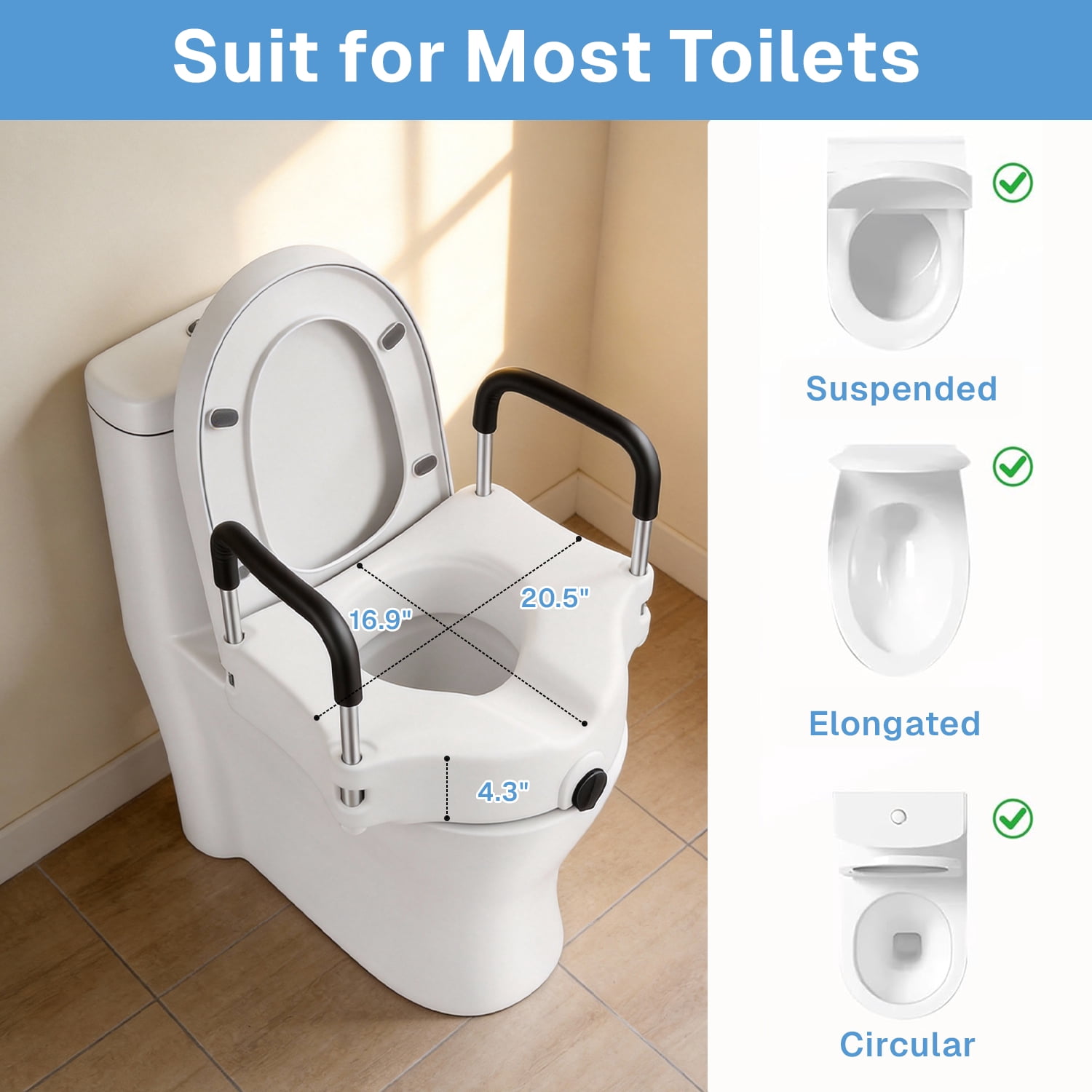 BN-LINK Raised Toilet Seat,Elevated Toilet Seat with Removable Padded Arms,Portable Toilet Riser for Seniors, Handicap, Bathroom Safety, 330 lb Capacity