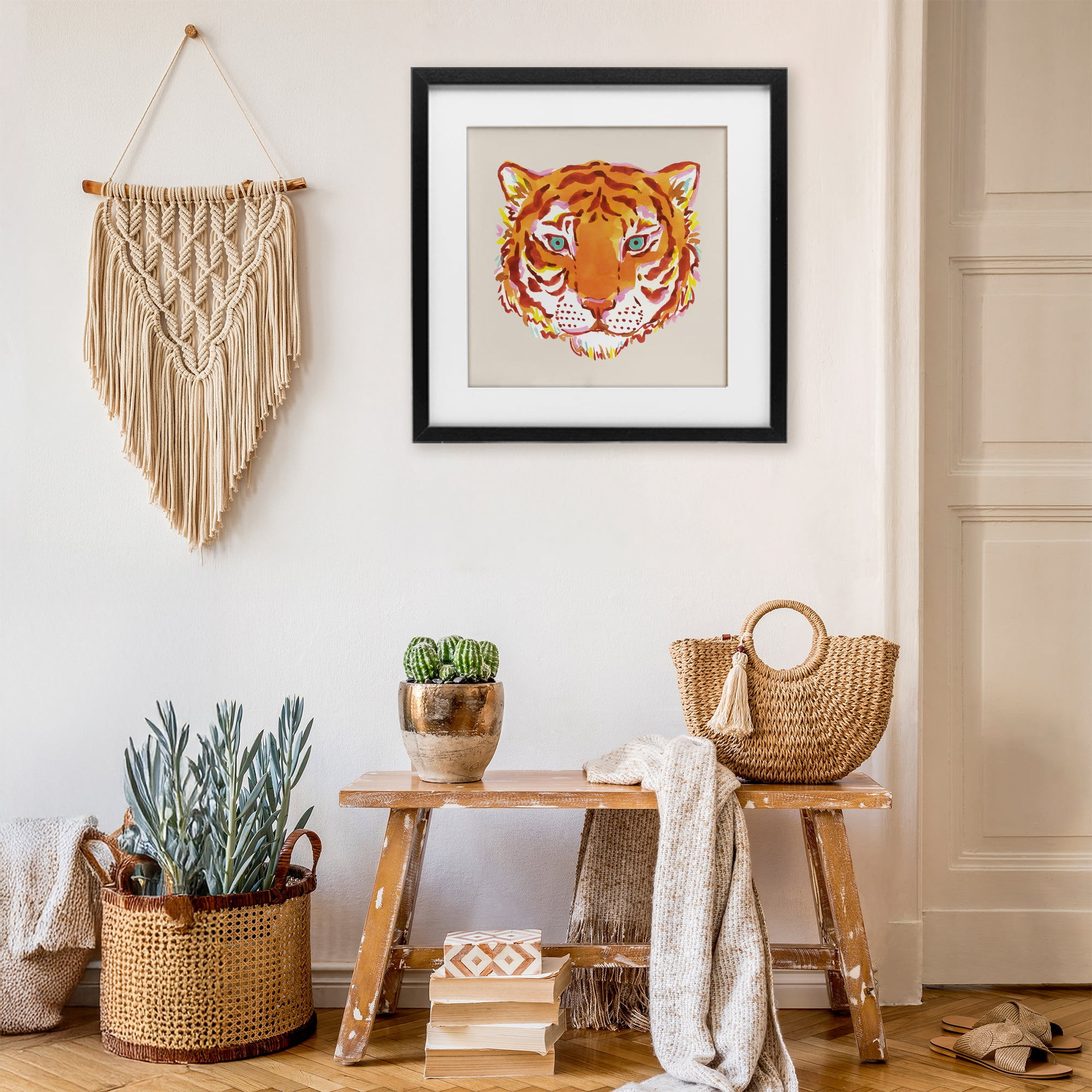 Stupell Industries Orange Boho Tiger Face Black Framed Print Under Glass, design by Karolina Sato