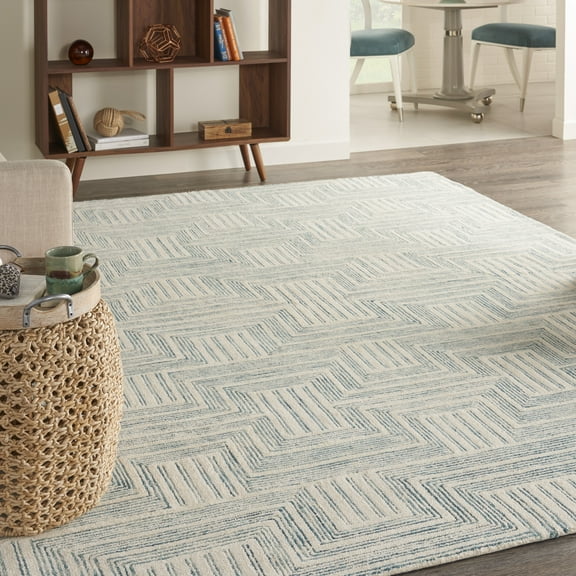Nourison Linked Geometric Bohemian Ivory/Turquoise 8' x 10'6" Area Rug, (8' x 11')