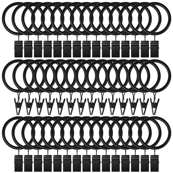 44 Pack Curtain Rings with Clips, Black Curtain Hooks Hangers, Rustproof Metal Drapery Rings for Hanging Drapes Bows Tension Rod, 1" Interior Diameter, Fits up to 5/8 in Curtain Rod