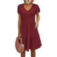 thumbnail image 4 of Vestido casual de mujer con bolsillos y cuello en V con volantes y manga casquillo, mini vestido de una línea, 4 of 5
