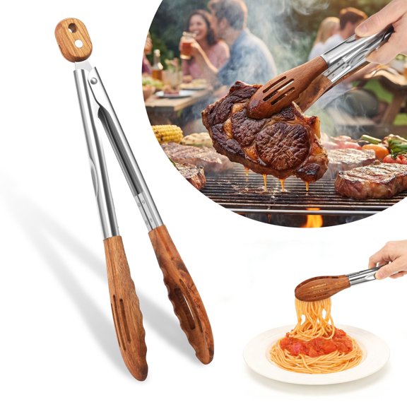 Wooden Tong for Cooking Stainless Steel Handle Non Slip and Heat Insulated Hollow Kitchen Tong for Salad Pasta Grilling, Trumpet