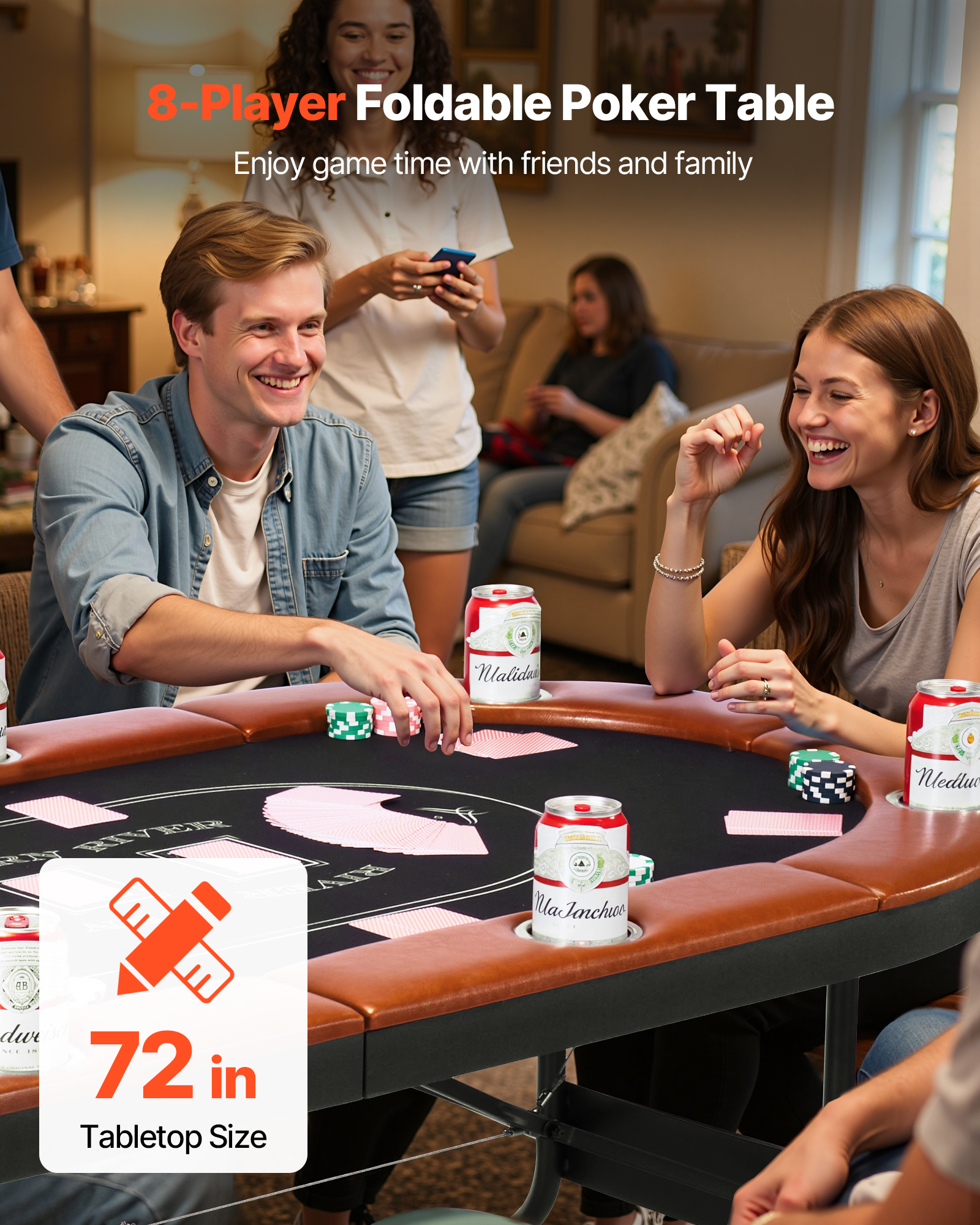 VEVOR Foldable Poker Table, 8 Player 72 in Folding Casino Leisure Table with Padded Rails and Cup Holders, Oval Portable Game Tables with Felt & Metal Legs, for Texas Holdeem Game and Blackjack