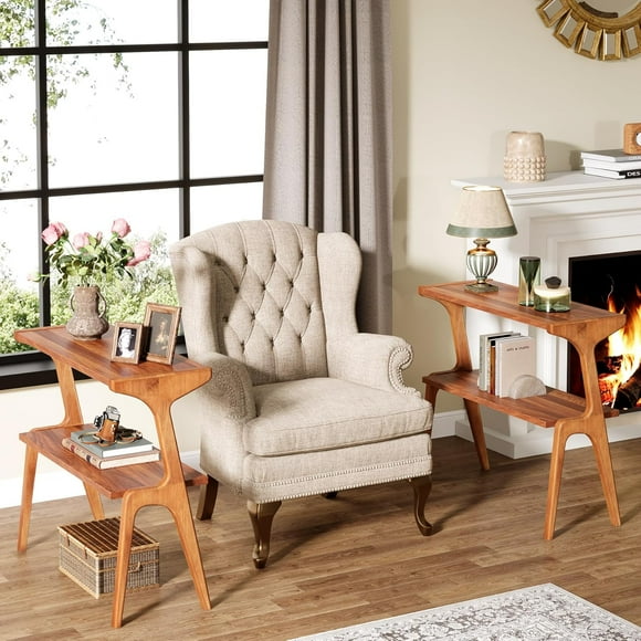 Tribesigns Set of 2 Narrow Side Tables with Storage Shelves, Slim Cherry End Tables with Wooden Legs for Living Room, Small Spaces or Bedroom