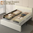 thumbnail image 6 of E-Motie Full Size Bed Frame with 4 Storage Drawers and LED Lights, Upholstered Platform Bed with Adjustable Headboard and Charging Station, Metal Slats Support, White, 6 of 12
