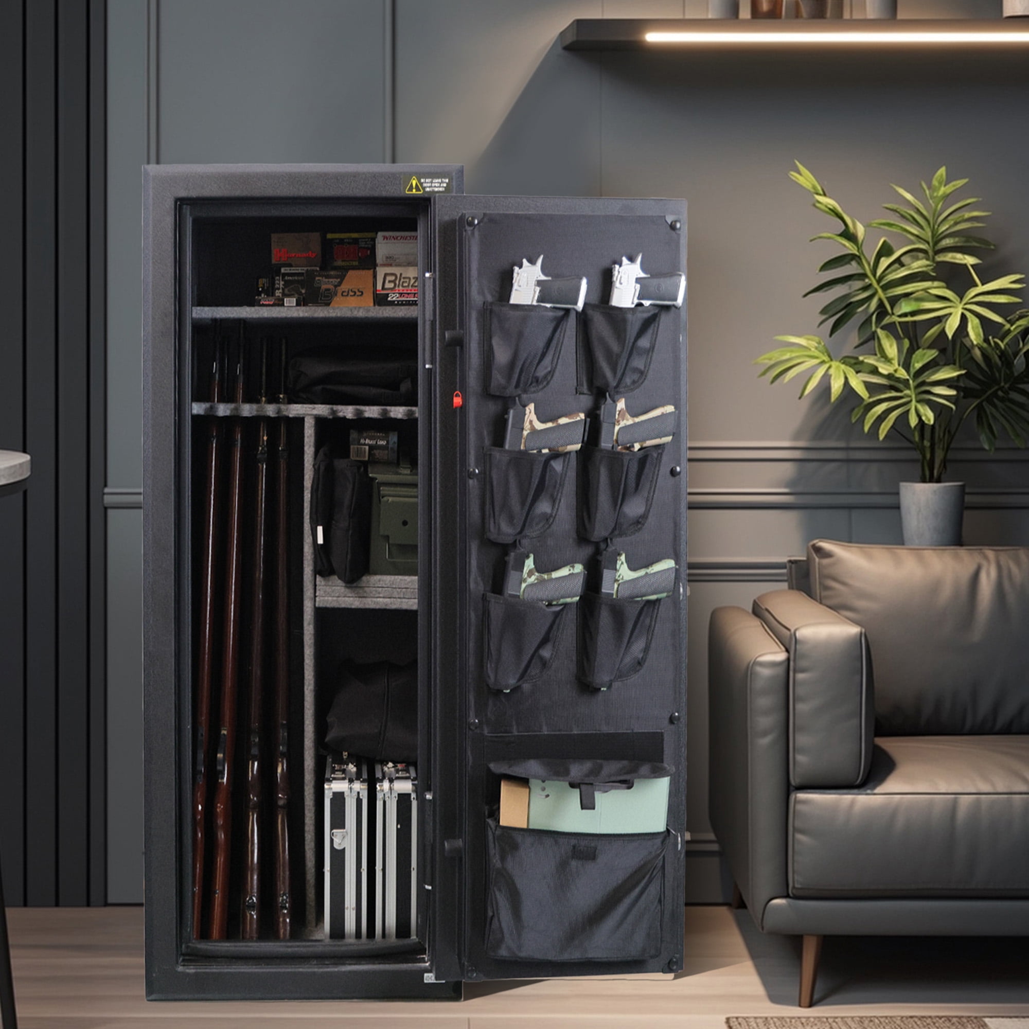 VALINIRT 24 Gun Fireproof Safe for Rifles and Pistols, Gun Cabinet with Biometric Fingerprint, Keypad and Key Access, No-Assembly-Required Gun Safes with Built-in Charging Ports (Silver)