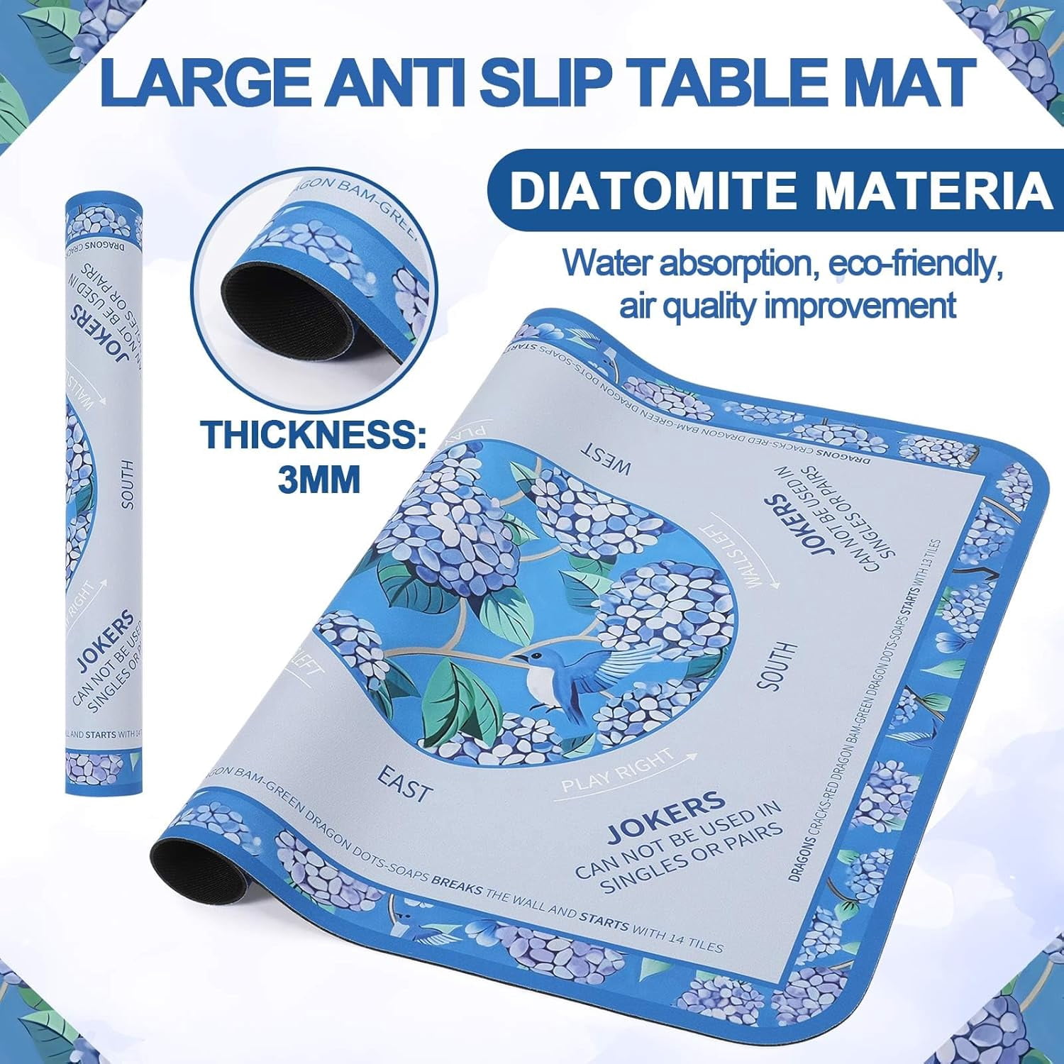 Tegeme Chinoiserie Mahjong Mat 31.5" x 31.5" Hydrangeas Mat Anti Slip and Noise Reduction Multi Purpose Game Table Cover Non-Slip Noise Reduction Gaming Rug for Mahjong, Card, Board Tile Game