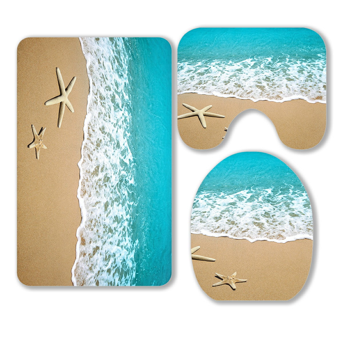 ECZJNT starfish on a beach sand 3 Piece Bathroom Rugs Set Bath Rug Contour Mat and Toilet Lid Cover