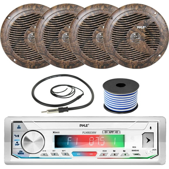 Pyle PLMRB39W Single DIN AM/FM Radio USB/AUX Bluetooth Marine Stereo White Receiver with 2 Pairs of 6.5'' 150W Full Range Camouflage Waterproof Marine Speakers, Wired Antenna, 18 Gauge Speaker Wire