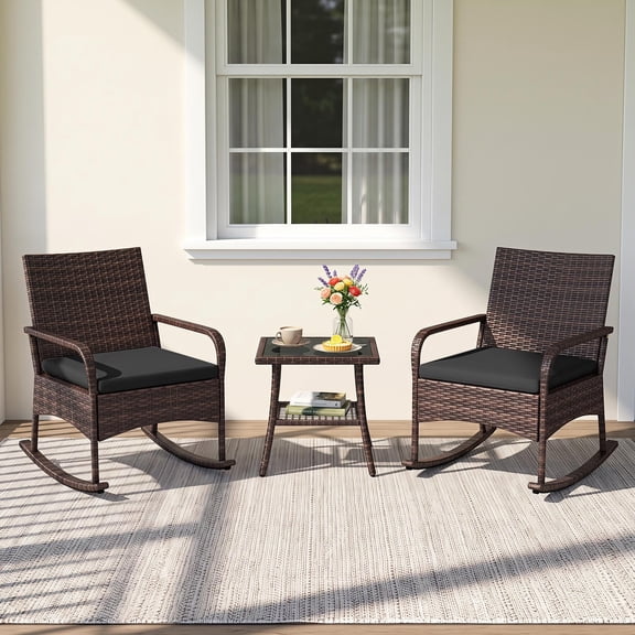 Costway 3PCS PE Wicker Rocking Bistro Set with 2-Tier Side Table, Cushions & Armchairs Mix Brown Black