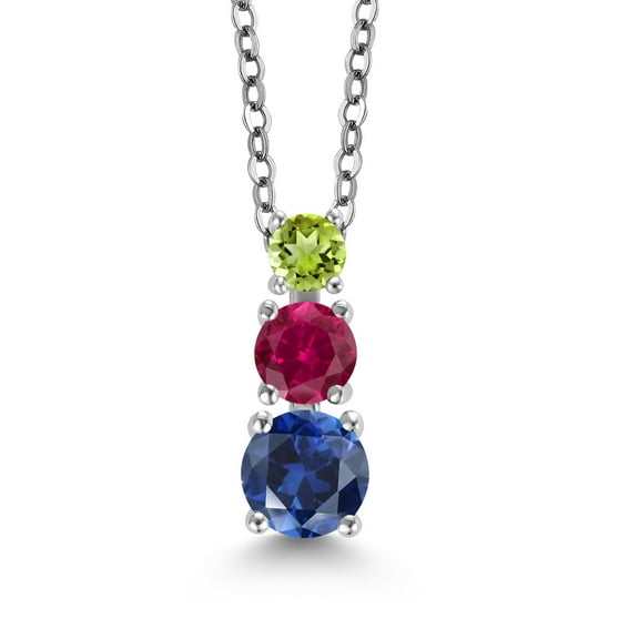 Gem Stone King Blue Created Sapphire Red Created Ruby Green Peridot 3 Stone Pendant Necklace for Women (0.97 cttw, Gemstone Birthstone, Round 5MM, 4MM and 3MM, with 18 inch Chain)