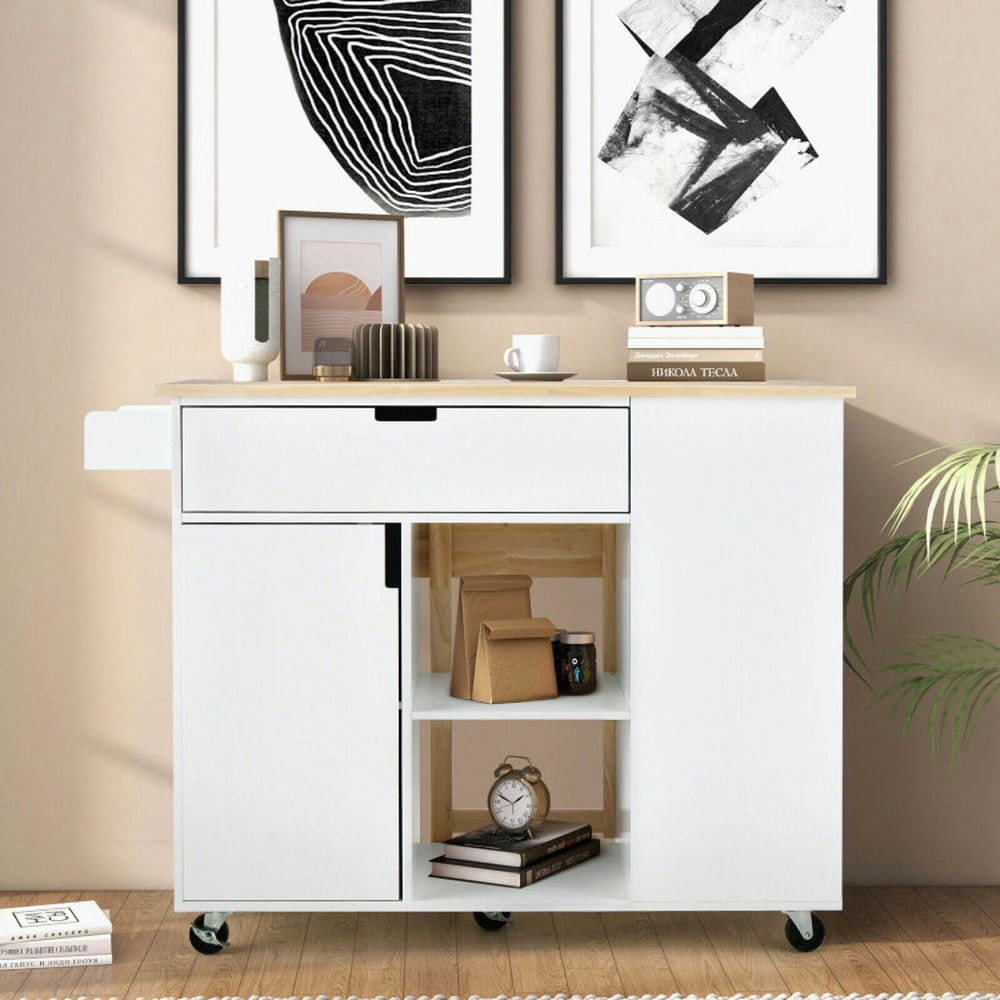 Canddidliike Drop-Leaf Kitchen Island with Rubber Wood Top-White, Kitchen Island, Kitchen Storage Cabinets for Kitchen,Dinning Room